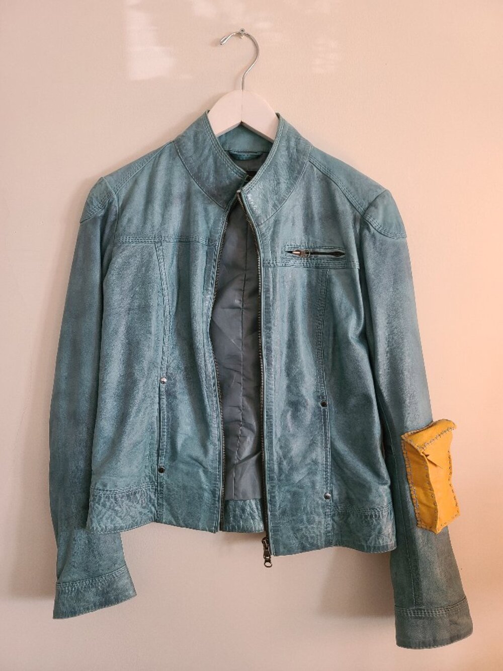 Reworked ESPRIT Ultra Soft Blue Lambskin Leather Jacket w/ 3D Yellow Pocket - S